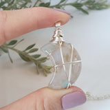 Flower Agate  Moon Necklace - Silver